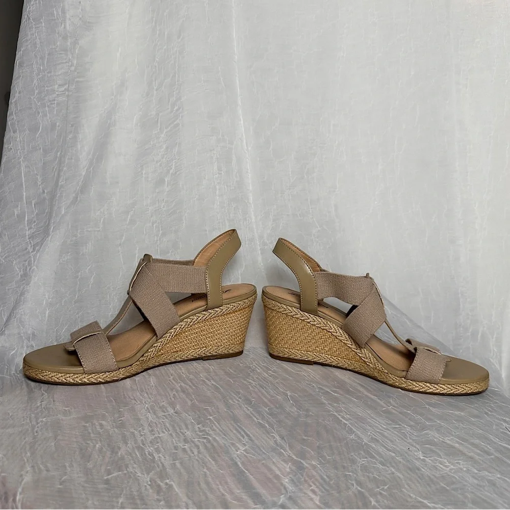 Lucky Brand Cork Wedge Heel Espadrilles Sandals T-strap Stretch Slingback 9.5‎